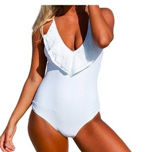 White Ruffle Lace V-Neck Halter Swimsuit
